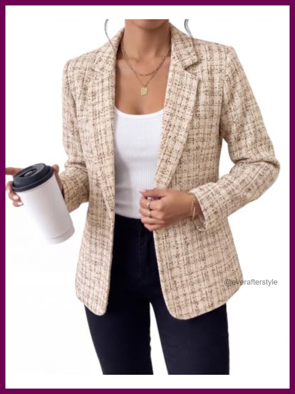 Tweed Blazer Plaid Notch Lapel Button Front Long Sleeve Business Casual